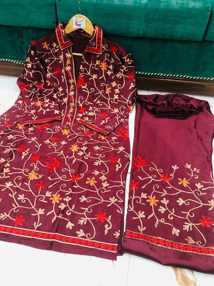 2 Pcs Women’s Stitched Katan Silk Embroidered Suit