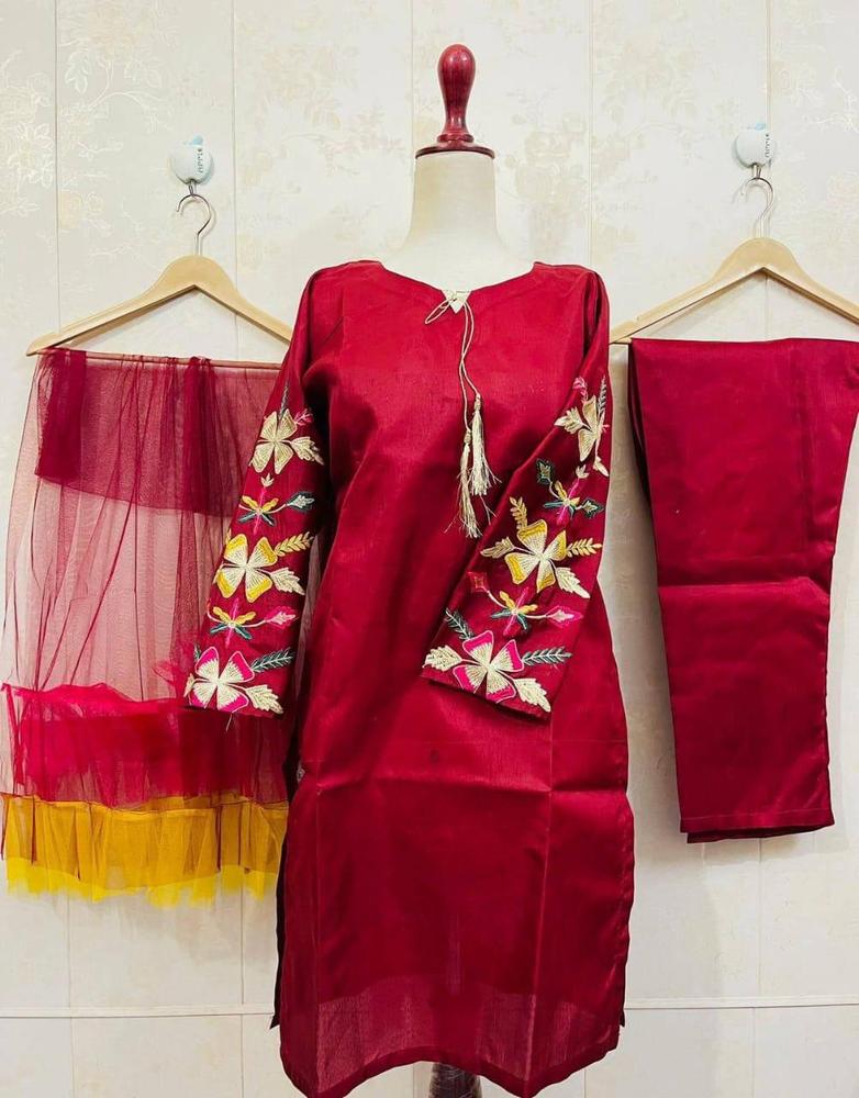 3 Pcs Women’s Stitched Katan Silk Embroidered Suit