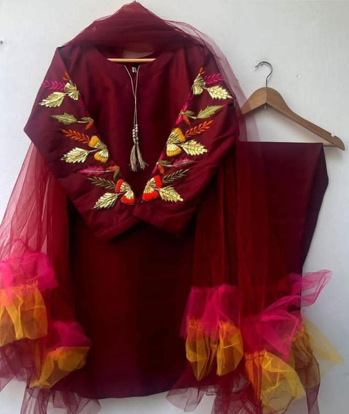 3 Pcs Women’s Stitched Katan Silk Embroidered Suit