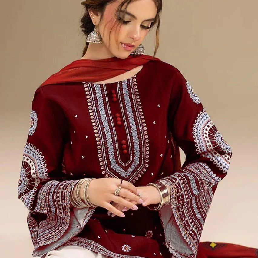 3 Pcs Women's Unstitched Embroidered Suit