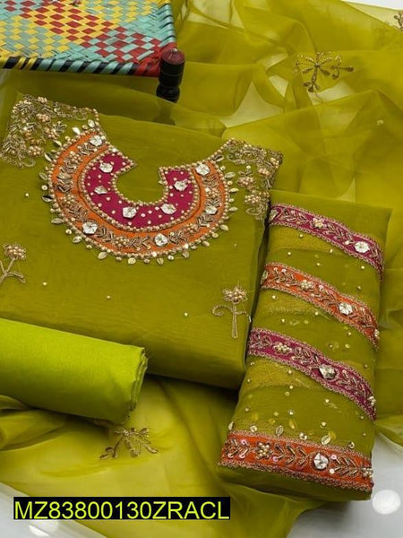 3 Pcs Women's Unstitched Fancy Organza Cut-work Embroidered Suit