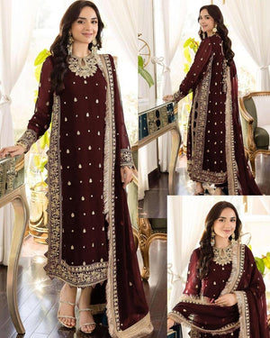 3 Pcs Women’s Stitched Crinkle Chiffon Embroidered Suit